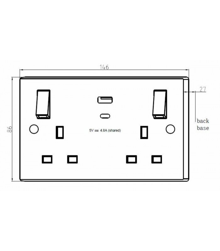 13A 2G Switched socket with outboard rockers and dual USB (A+C) 5V DC 4.8A shared 230V IP20-2