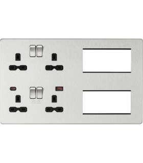 Screwless Combination Plate with Dual USB FASTCHARGE A+C - Brushed Chrome with black insert 230V IP20-1