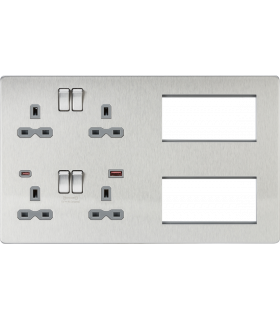 Screwless Combination Plate with Dual USB FASTCHARGE A+C - Brushed Chrome with grey insert 230V IP20-1