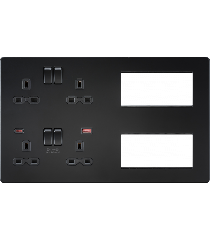 Screwless Combination Plate with Dual USB FASTCHARGE A+C - Matt Black 230V IP20-1