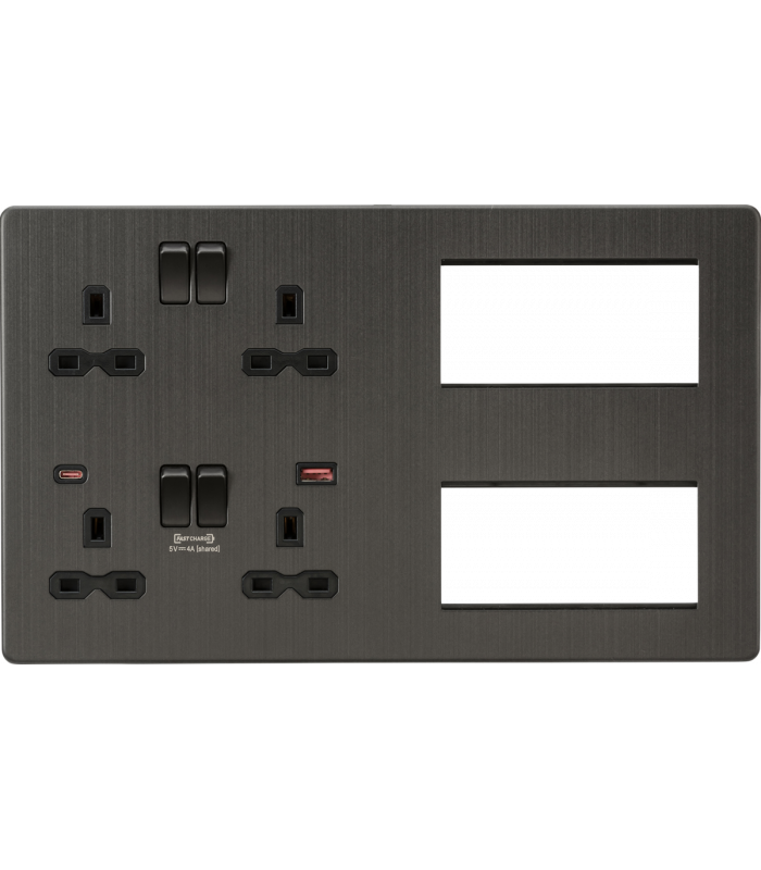 Screwless Combination Plate with Dual USB FASTCHARGE A+C - Smoked Bronze 230V IP20-1