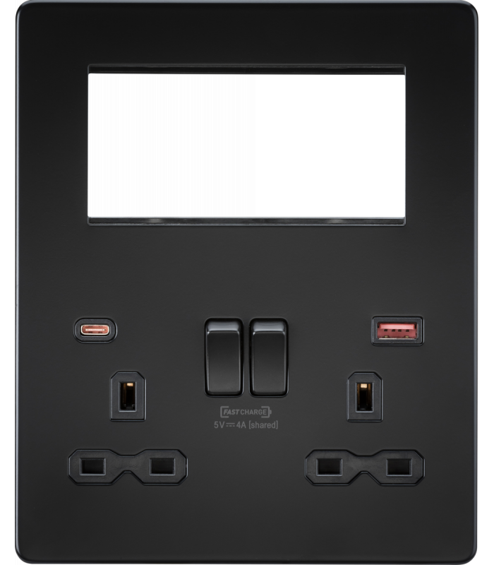 Screwless Small Multimedia Combination Plate with FASTCHARGE - Matt Black 230V IP20-1