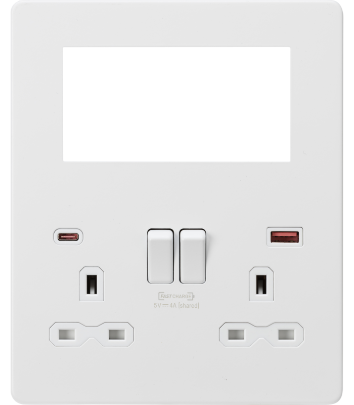 Screwless Small Multimedia Combination Plate with FASTCHARGE - Matt White 230V IP20-1