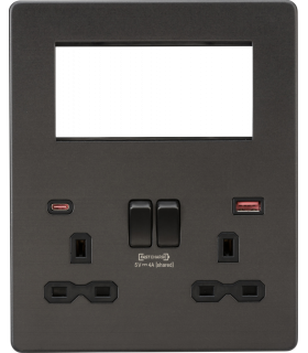Screwless Small Multimedia Combination Plate with FASTCHARGE - Smoked Bronze 230V IP20-1