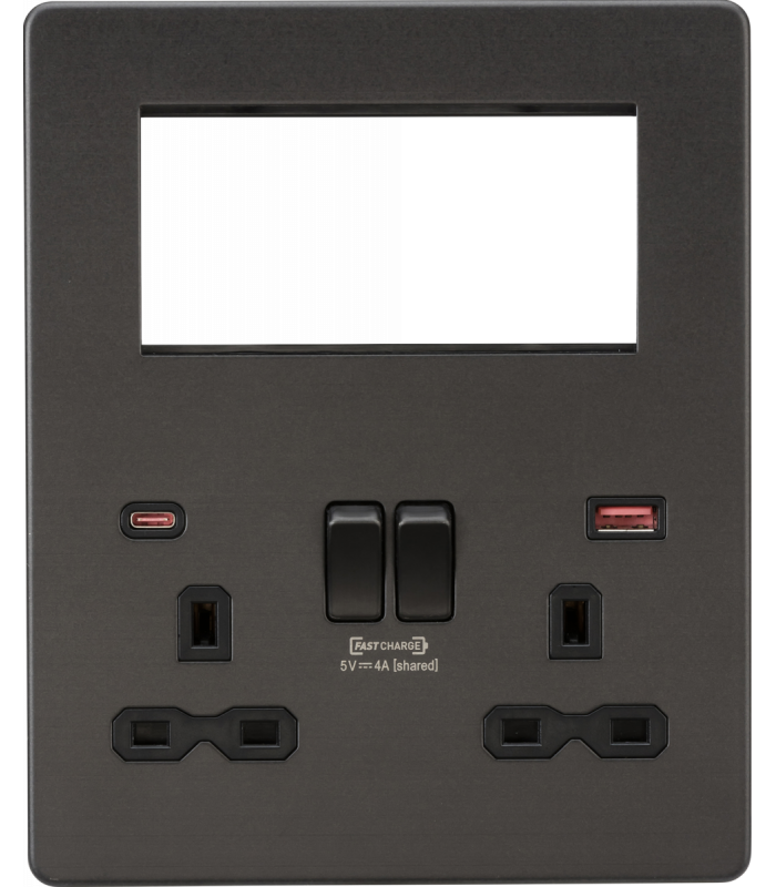 Screwless Small Multimedia Combination Plate with FASTCHARGE - Smoked Bronze 230V IP20-1