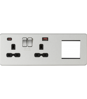 Screwless 13A 2G DP Socket with USB Fastcharge + 2G Modular Combination Plate - Brushed Chrome 230V IP20-1