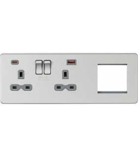 Screwless 13A 2G DP Socket with USB Fastcharge + 2G Modular Combination Plate - Brushed Chrome 230V IP20-1