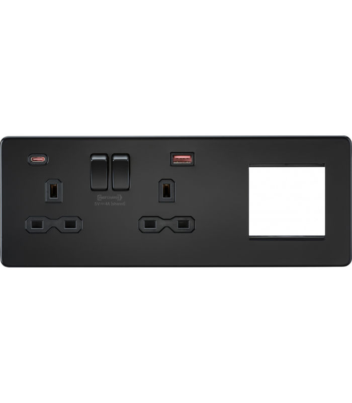 Screwless 13A 2G DP Socket with USB Fastcharge + 2G Modular Combination Plate - Matt Black 230V IP20-1