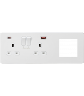 Screwless 13A 2G DP Socket with USB Fastcharge + 2G Modular Combination Plate - Matt White 230V IP20-1