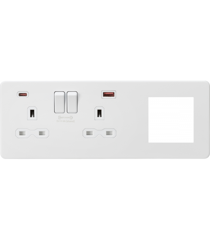 Screwless 13A 2G DP Socket with USB Fastcharge + 2G Modular Combination Plate - Matt White 230V IP20-1