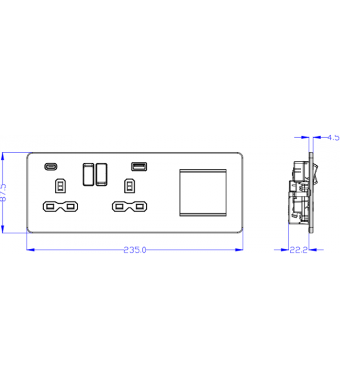 Screwless 13A 2G DP Socket with USB Fastcharge + 2G Modular Combination Plate - Matt White 230V IP20-2