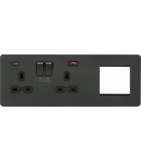 Screwless 13A 2G DP Socket with USB Fastcharge + 2G Modular Combination Plate - Anthracite 230V IP20-1