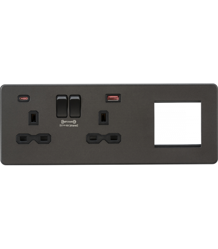 Screwless 13A 2G DP Socket with USB Fastcharge + 2G Modular Combination Plate - Smoked Bronze 230V IP20-1