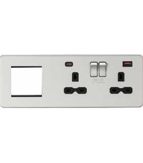 Screwless 13A 2G DP Socket with USB Fastcharge + 2G Modular Combination Plate - Brushed Chrome 230V IP20-1