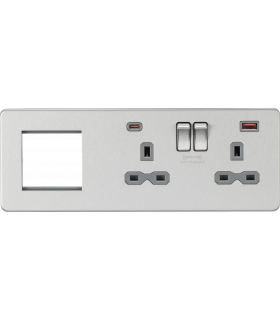 Screwless 13A 2G DP Socket with USB Fastcharge + 2G Modular Combination Plate - Brushed Chrome 230V IP20-1