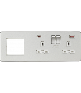 Screwless 13A 2G DP Socket with USB Fastcharge + 2G Modular Combination Plate - Brushed Chrome 230V IP20-1