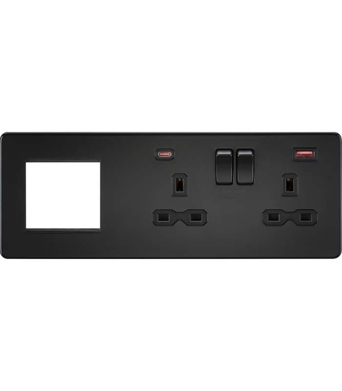 Screwless 13A 2G DP Socket with USB Fastcharge + 2G Modular Combination Plate - Matt Black 230V IP20-1