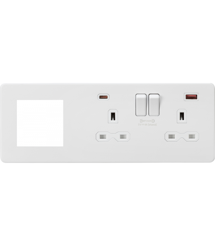 Screwless 13A 2G DP Socket with USB Fastcharge + 2G Modular Combination Plate - Matt White 230V IP20-1