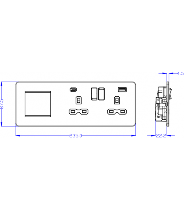 Screwless 13A 2G DP Socket with USB Fastcharge + 2G Modular Combination Plate - Matt White 230V IP20-2