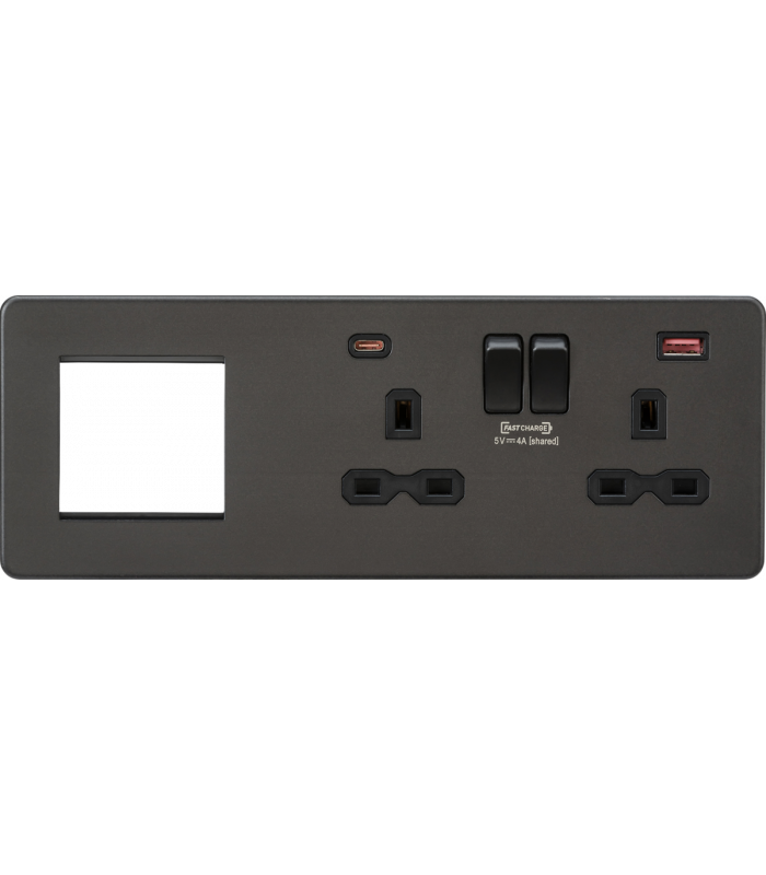 Screwless 13A 2G DP Socket with USB Fastcharge + 2G Modular Combination Plate - Smoked Bronze 230V IP20-1