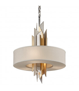 Modernist 4 Light Pendant Polished Stainless Steel Gold Leaf Fabric Shade