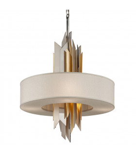 Modernist 6 Light Pendant Polished Stainless Steel Gold Leaf Fabric Shade