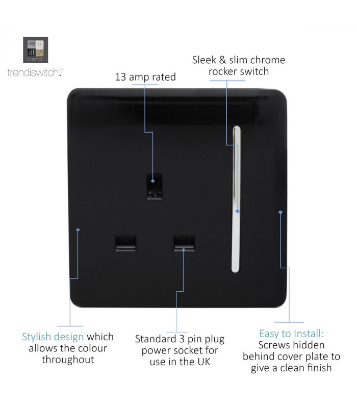 Artistic Modern 1 Gang 13Amp Switched Socket Gloss Black Finish-3