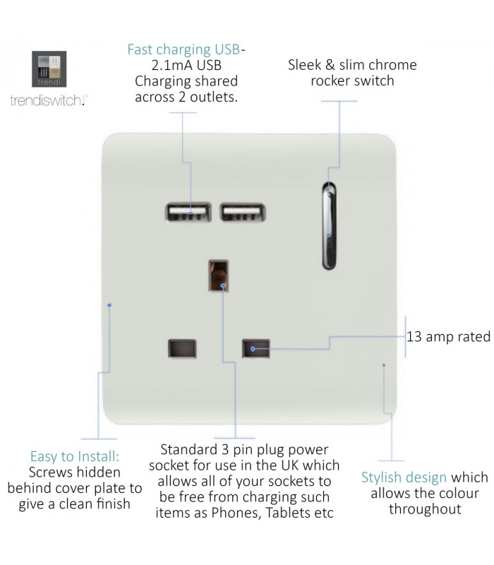 Artistic Modern 1 Gang 13Amp Switched Socket WIth 2 x USB Ports Gloss White Finish-3