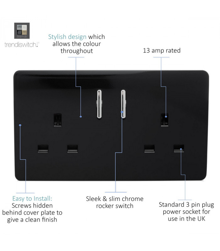 Artistic Modern 2 Gang 13Amp Short Switched Double  Socket Gloss Black Finish-3