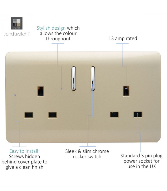 Artistic Modern 2 Gang 13Amp Short Switched Double  Socket Champagne Gold Finish-3