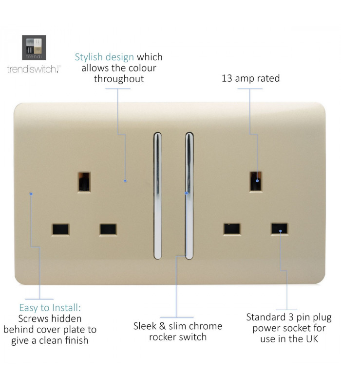 Artistic Modern 2 Gang 13Amp Long Switched Double Socket Champagne Gold Finish-3