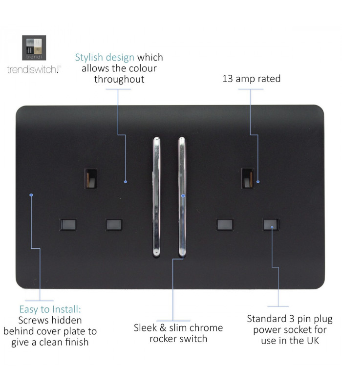 Artistic Modern 2 Gang 13Amp Long Switched Double Socket Matt Black Finish-3