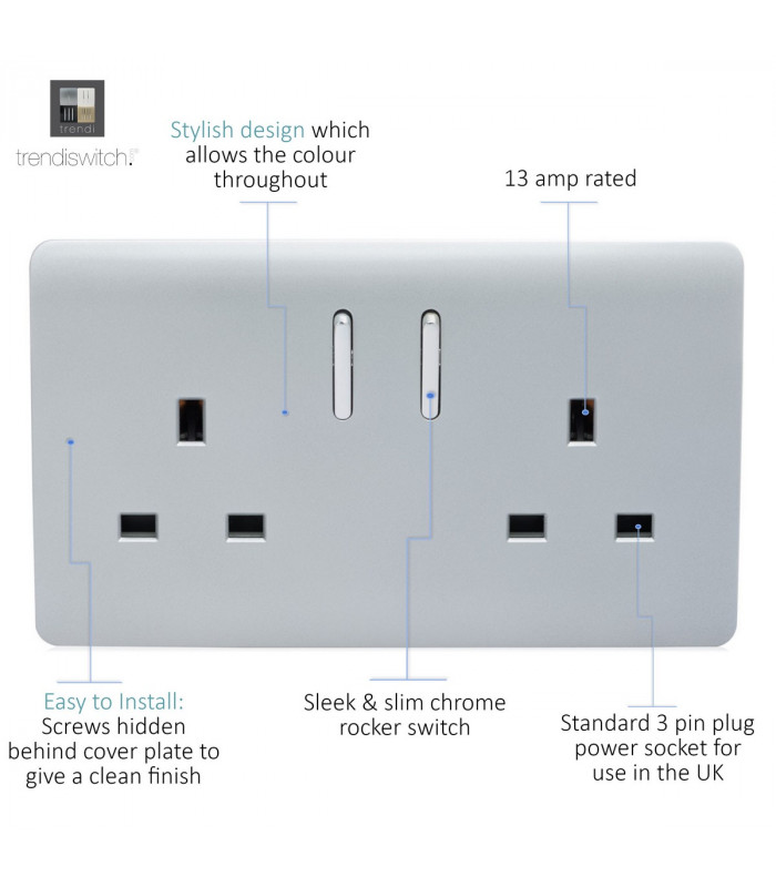 Artistic Modern 2 Gang 13Amp Short Switched Double  Socket Silver Finish-3