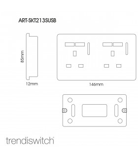 Artistic Modern 2 Gang 13Amp Short S/W Double Socket With 2x2.1Mah USB Silver Finish-2