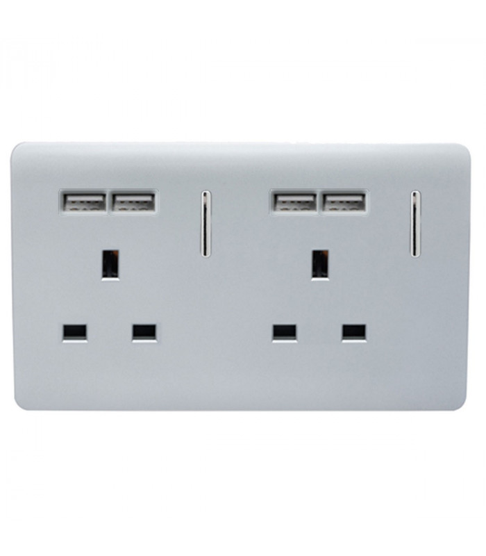 Artistic Modern 2 Gang 13Amp Switched Double Socket With 4X 2.1Mah USB Silver Finish-1