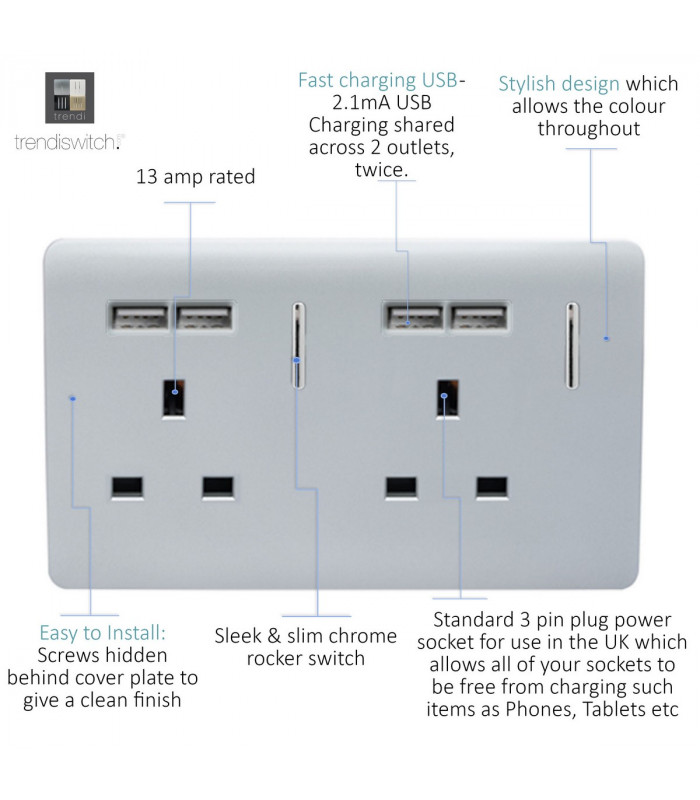 Artistic Modern 2 Gang 13Amp Switched Double Socket With 4X 2.1Mah USB Silver Finish-3