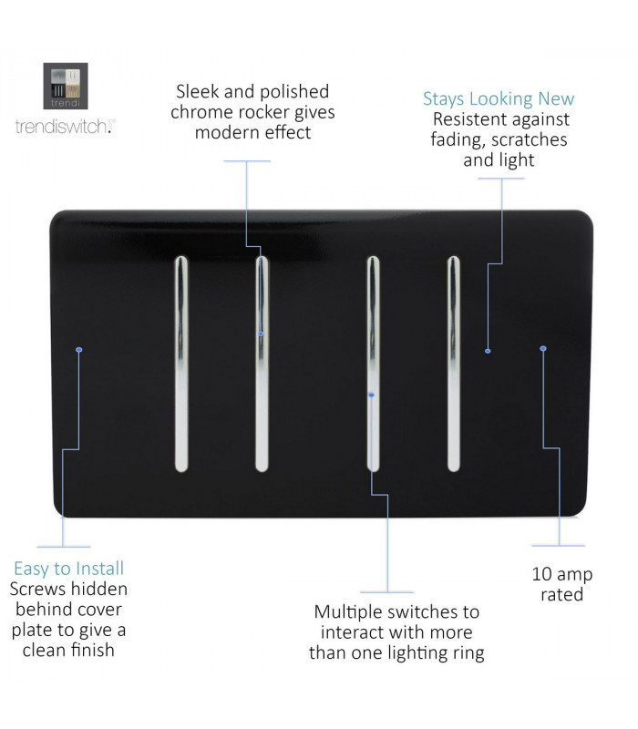 Artistic Modern 4 Gang 2 Way 10 Amp Rocker Twin Plate Gloss Black Finish-3