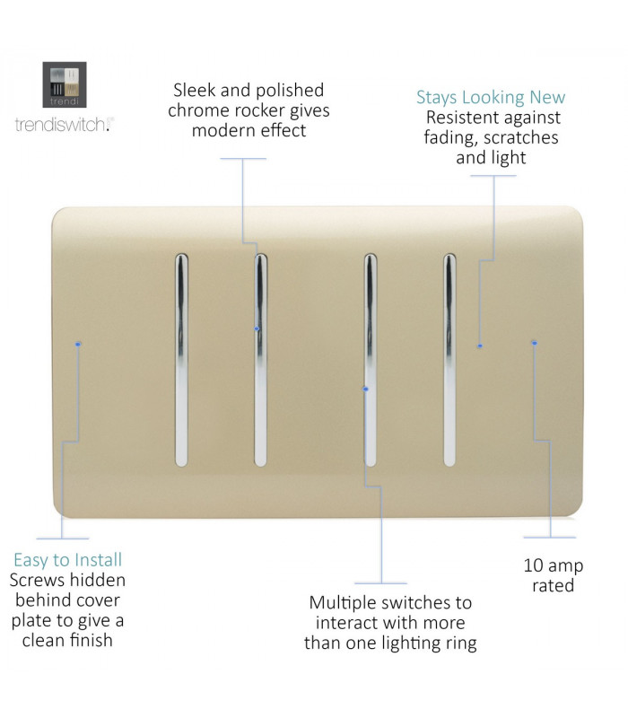 Artistic Modern 4 Gang 2 Way 10 Amp Rocker Twin Plate Champagne Gold Finish-3
