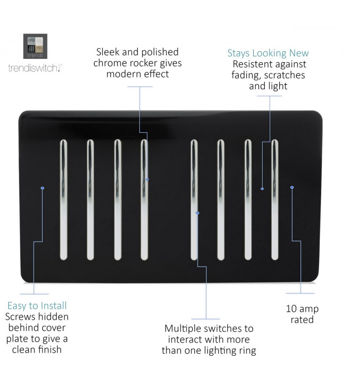 Artistic Modern 8 Gang 2 Way 10 Amp Rocker Twin Plate Gloss Black Finish-3