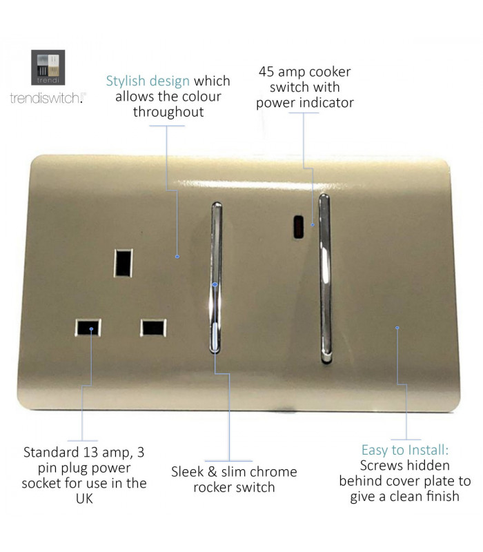 Artistic Modern Cooker Control Panel 13amp with 45amp Switch Gold Finish-3
