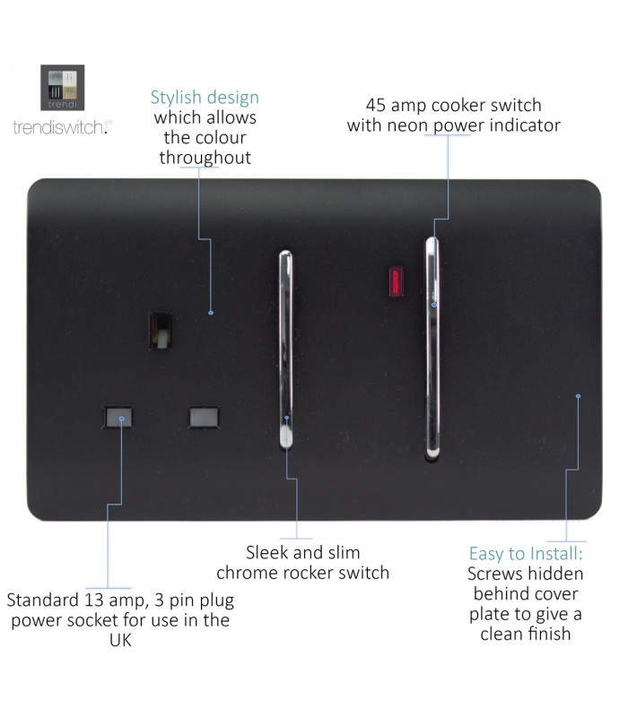 Artistic Modern Cooker Control Panel 13amp with 45amp Switch Matt Black Finish-3