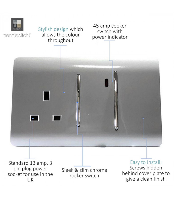 Artistic Modern Cooker Control Panel 13amp with 45amp Switch Silver Finish-3