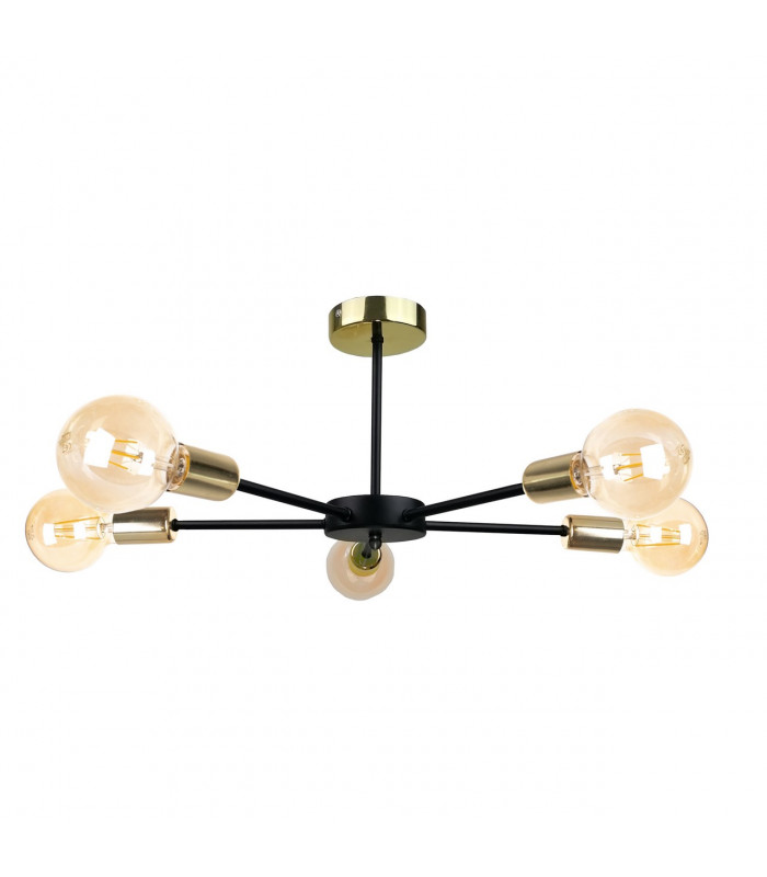 Sun Multi Arm Semi Flush Ceiling Light Black, Gold, 48cm, 5x E27