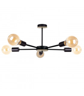 Sun Multi Arm Semi Flush Ceiling Light Wood, Black, 48cm, 5x E27