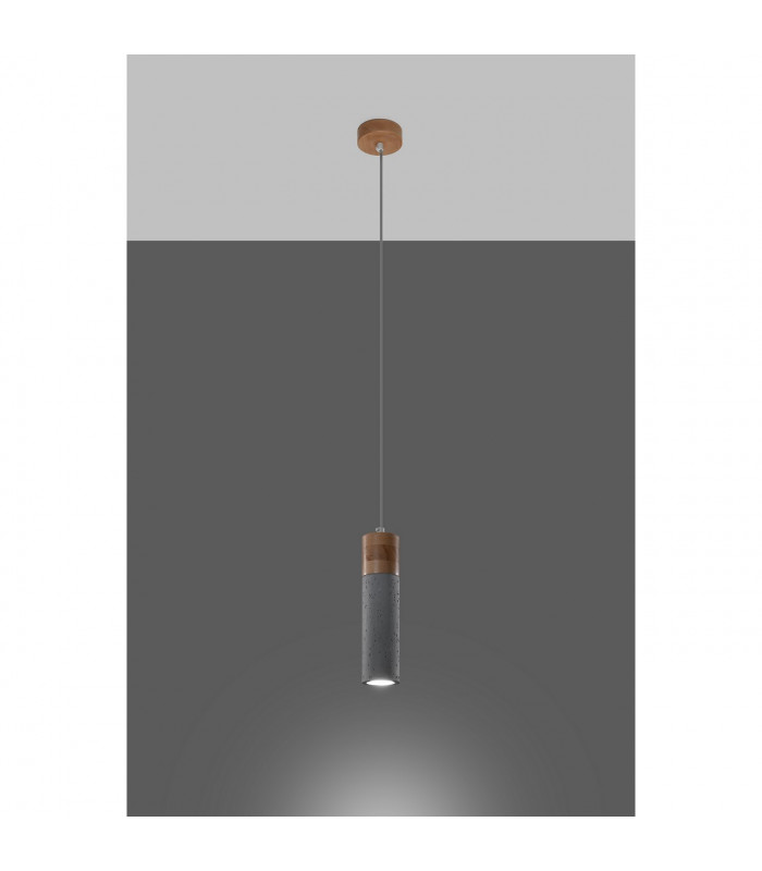 Zane Slim Pendant Ceiling Light Concrete Grey Natural Wood-3