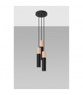 Pablo Cluster Pendant Ceiling Light Black Natural Wood 3x GU10-2