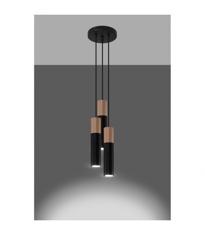 Pablo Cluster Pendant Ceiling Light Black Natural Wood 3x GU10-3