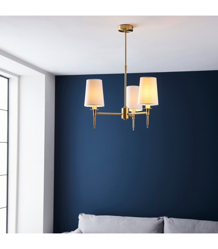 Multi Arm Shade Pendant Ceiling Lamp Satin Brass Plate Vintage White Fabric-3