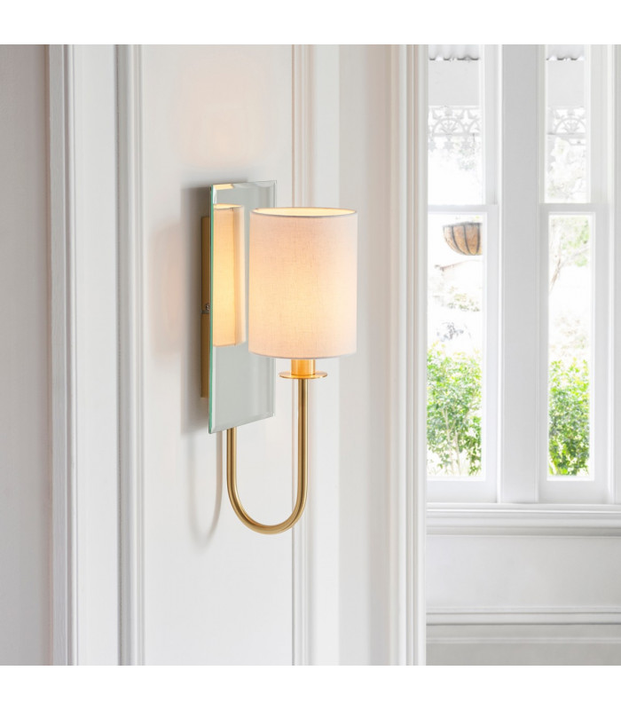 Shade Wall Lamp Satin Brass Plate Vintage White Fabric-3