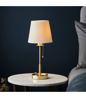 Base & Shade Table Lamp Satin Brass Plate Vintage White Fabric-2